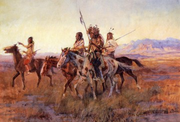  American Painting - Four Mounted Indians Charles Marion Russell circa 1914 Indians western American Charles Marion Russell